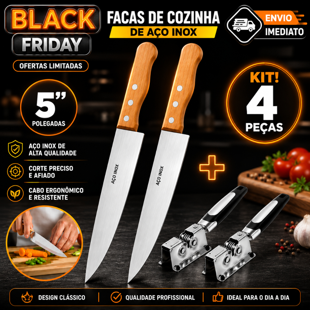 Kit 2 peças Faca de Cozinha Aço Inox Cabo de Madeira 5´´ Carne Salada Legumes Churrasco