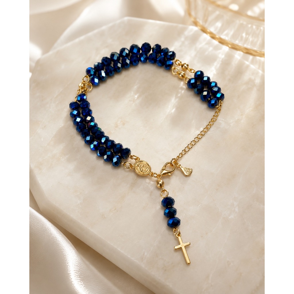 Terço De Pulso Folheado a Ouro Regulável Com Medalha Nossa Senhora Aparecida e Cruz Dourada Elegânte Religiosa 23cm