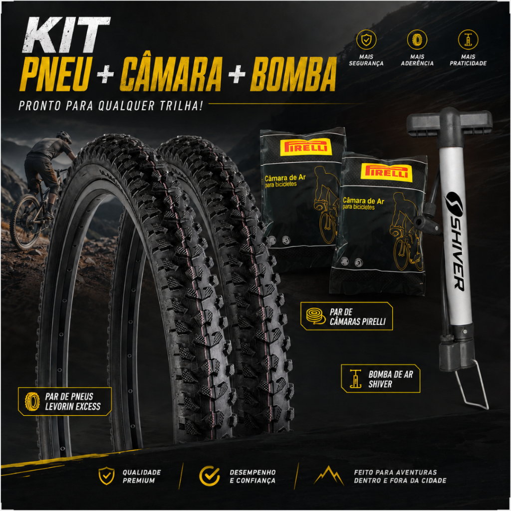 PAR Pneu bicicleta Levorin Excess aro 20 x 1.75 Cravudo Infantil mtb + PAR Camara PIRELLI + bomba