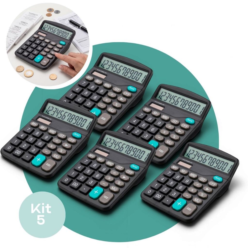 KIT 5 CALCULADORAS DE MESA 12 DÍGITOS PRETA VISOR DISPLAY E TECLAS GRANDES ESCRITÓRIO CAIXA ESCOLAR