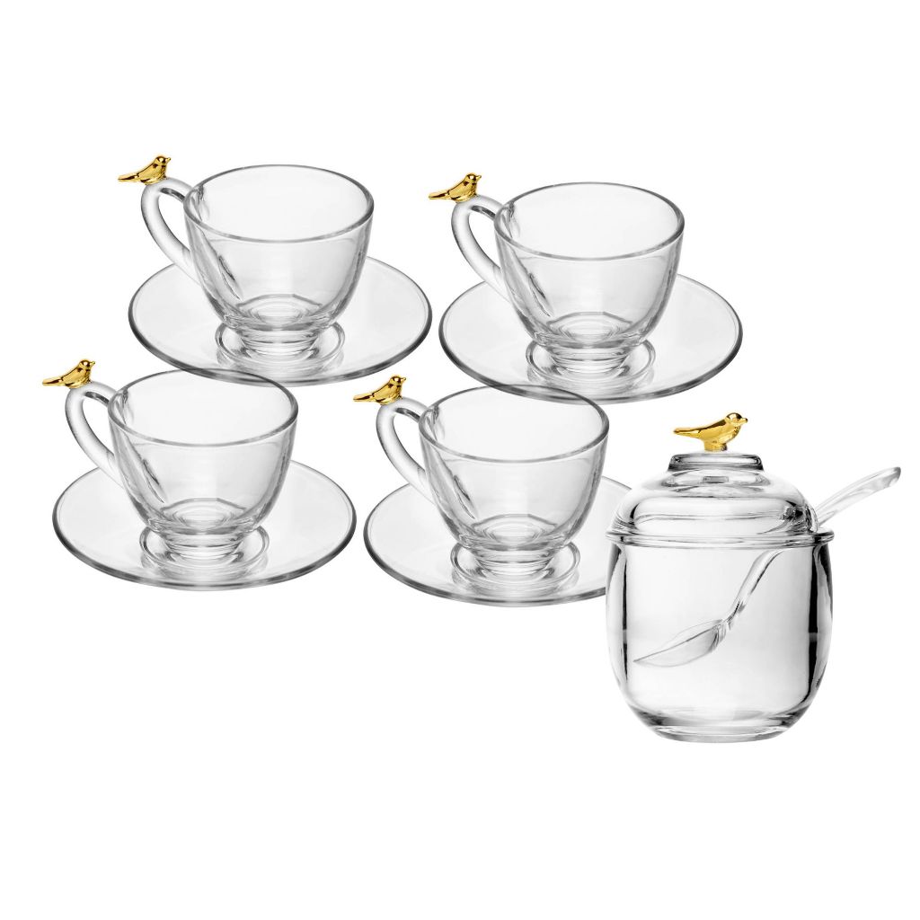 Conjunto 4 Xícaras de Chá 180ml com Pires e açucareiro Golden Bird Cristal Ecológico - Wolff