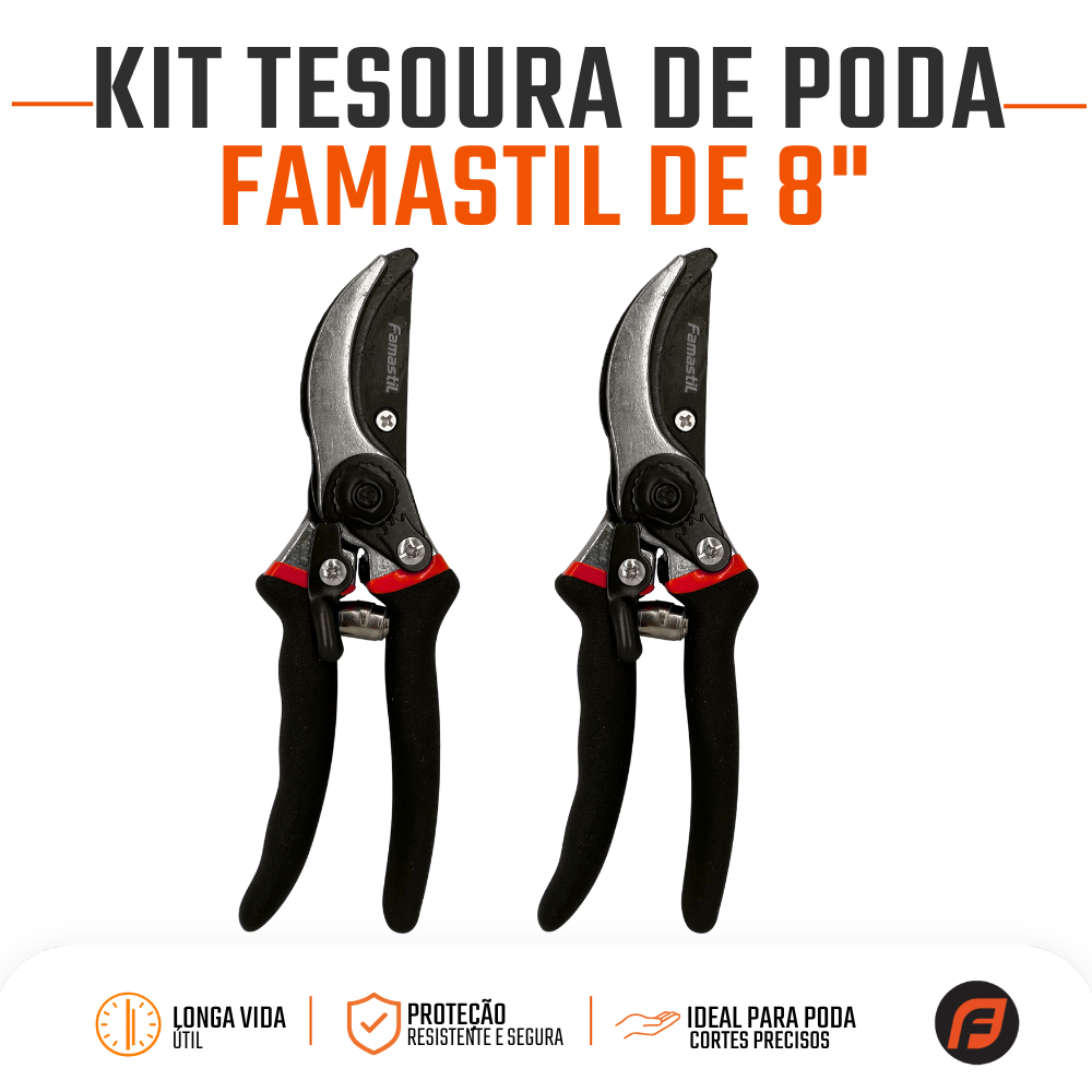 Tesoura de Poda Famastil 8" Aço Carbono Jardinagem Flores Galhos Horta Profissional Kit com 2