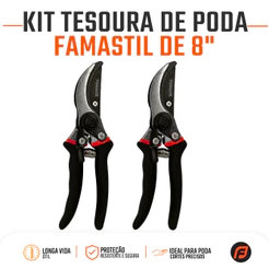 Tesoura de Poda Famastil 8" Aço Carbono Jardinagem Flores Galhos Horta Profissional Kit com 2