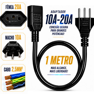 Adaptador Tomada 10a P/ 20a Prolongador 1metro Aterramento Plug 2p+t Bivolt Cabo Extensor Reforçado Preto Para 127/227