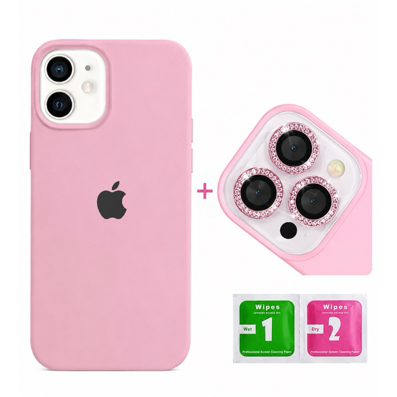 Kit Capinha Silicone Aveludada + Película Lente Câmera Diamante para iPhone 11 12 13 14 15 16 Pro Max