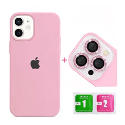 Kit Capinha tendençia Silicone Aveludada + Película Lente Câmera Diamante para iPhone 11 12 13 14 15 16 Pro Max