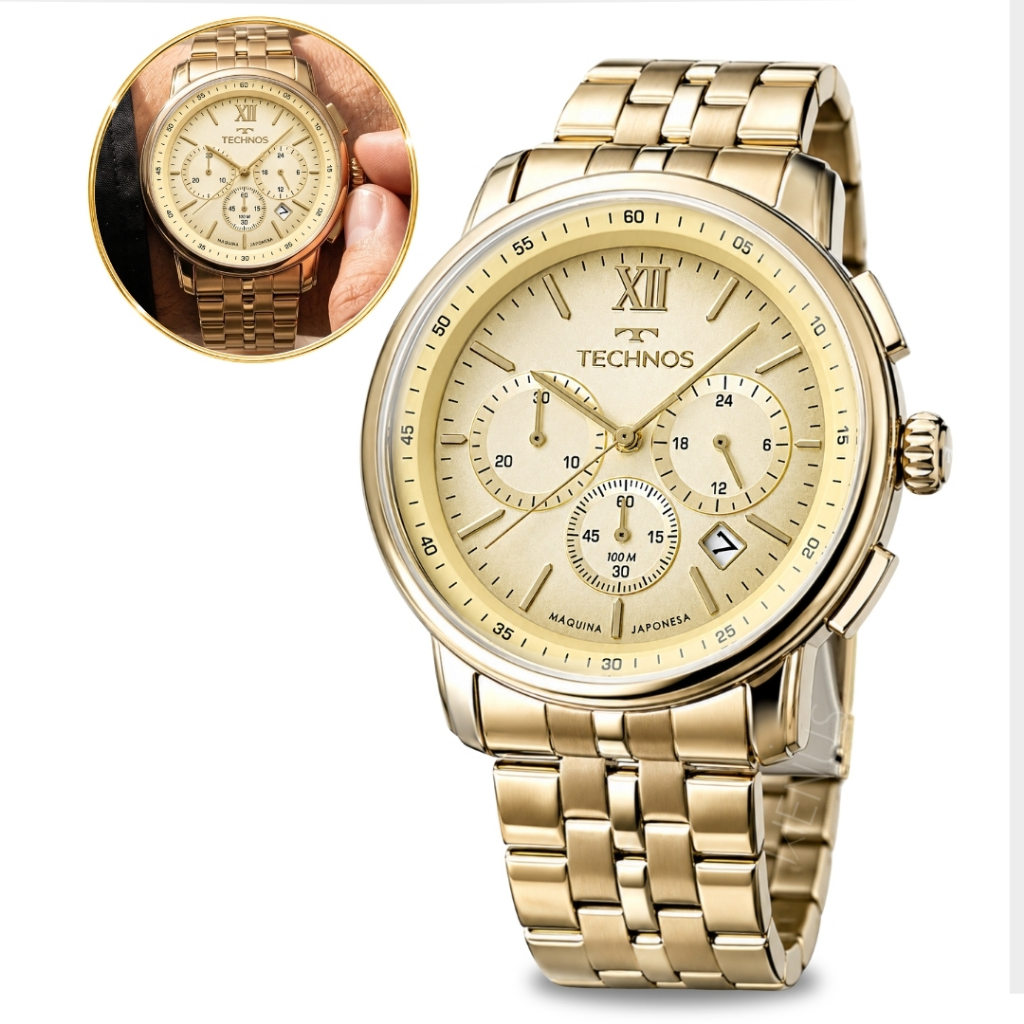Relógio Technos Masculino Dourado Cronógrafo Prova Dágua Aço Inoxidável Calendário Exportivo Elegante Social Original