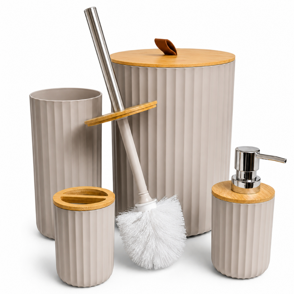 Kit Lavabo Banheiro 4 Peças Lixeira 6,5L Tampa de Bambu Escova Sanitária Dispenser e Porta Escovas