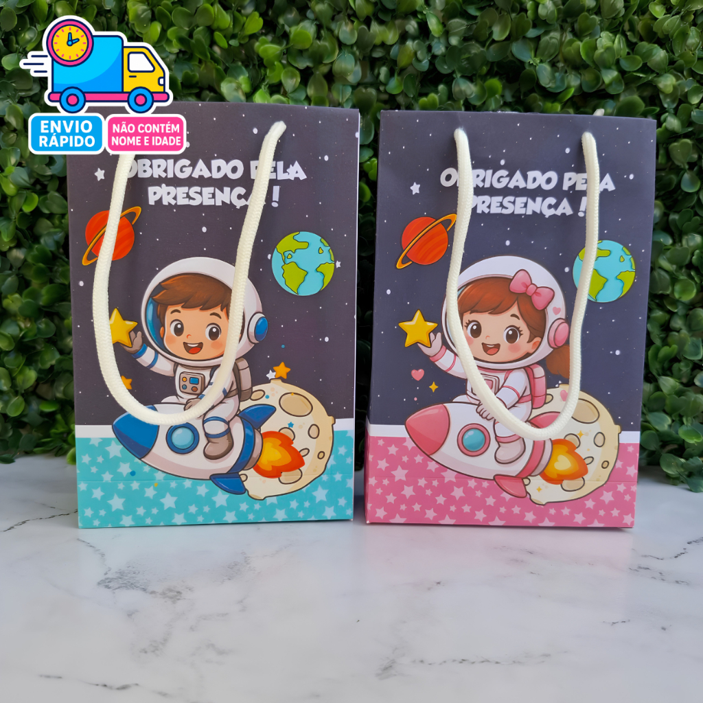 PEGUE E MONTE Sacolinha Personalizada Astronauta Menino e Menina Lembrancinha Festa Infantil | Sacola Surpresa P