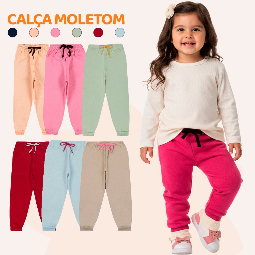 Kit 3 ou 5 Calça Moletom Bebe Menina Peluciada Feminino Infantil Inverno Frio com Punho em Ribana
