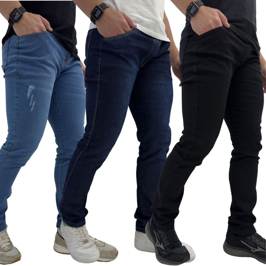 kit com 3 Calças Jeans Skinny Masculina Com Lycra