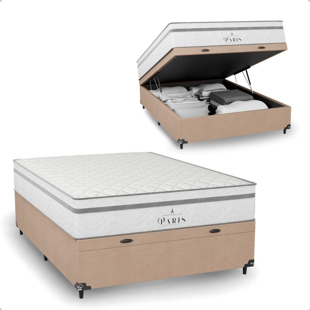 Cama Box Baú Casal Bege + Colchão Paris Molas Ensacadas Branco - e-Shop Casa