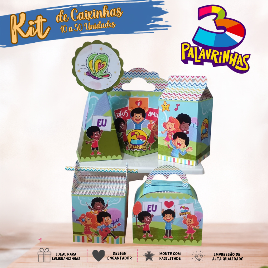 Kit Festa 3 Palavrinhas Clássico - Caixinhas personalizadas para lembrancinhas - 10 a 50 Unidades
