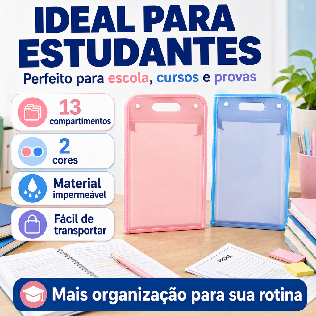 Pasta Organizadora Vertical A4 à Prova D'Água 13 Divisórias com Alça, Pastel Rosa Azul, Porta Documentos Escolar para