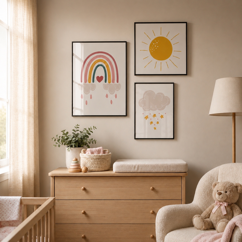 Quadro Decorativo Infantil Arco-Íris Nuvem Kit 3 Peças Com Moldura Quarto