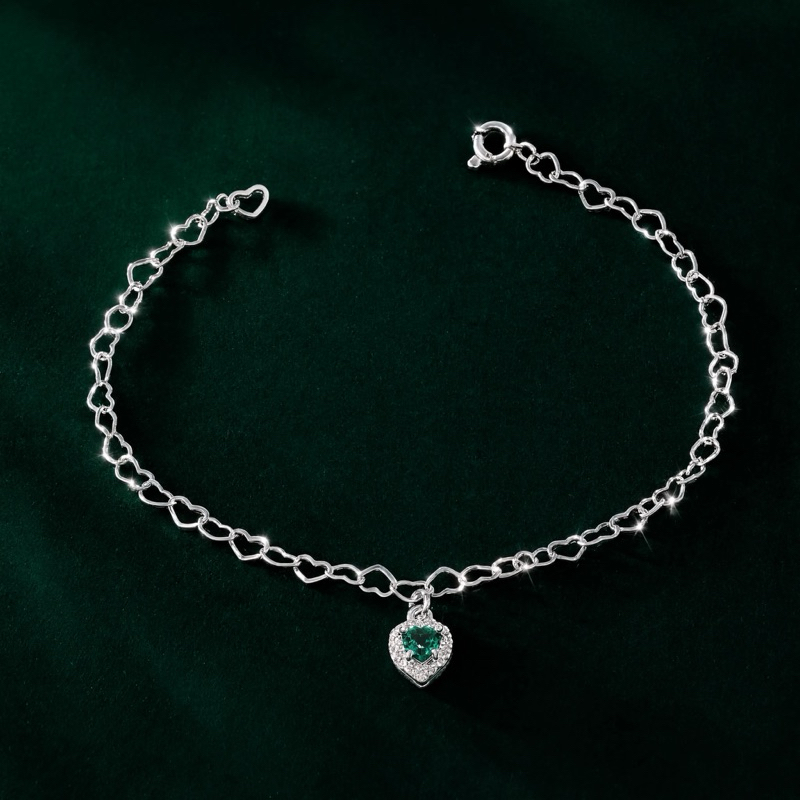 Pulseira Feminina Prata 925 Elos de Corações Coração Verde Água Cravejado Elegan
