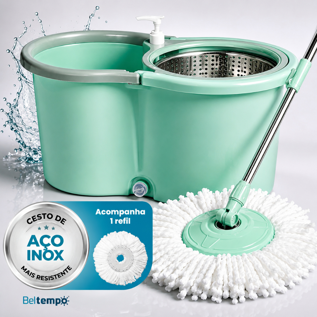 Mop Giratório Limpeza Esfregão 360º Balde 16 Litros Cesto Aço Inox Cabo Longo 14