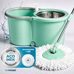 Mop Giratório Limpeza Esfregão 360º Balde 16 Litros Cesto Aço Inox Cabo Longo 140cm Com Refil Rodas E Alça Beltempo