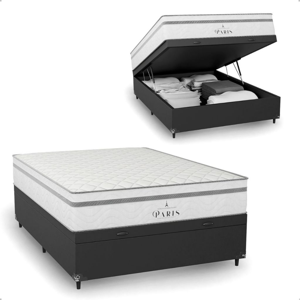 Cama Box Baú Casal Couro Preto + Colchão Paris Molas Cores
