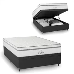 Cama Box Baú Casal Couro Preto + Colchão Paris Molas Cores
