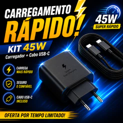 Carregador 45w Tipo C Turbo ORIGINALPara Galaxy A50 A52S A54 A70 A72 S20 Fe S21+ S22 S23 Ultra S24 Envio Imediato