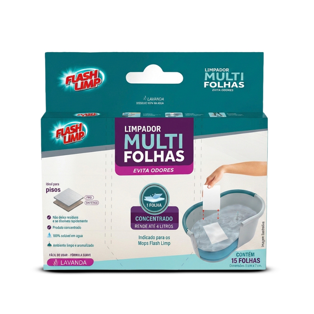 Imagem Limpador Multifolhas Lavanda Flash Limp 15 Folhas Concentrado Desengordurante Rende Até 4 Litros