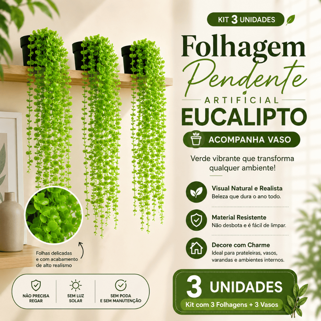 Kit 3 Folhagem Pendente Artificial Eucalipto Verde Realista 65cm com Vaso Preto Decoração Moderna