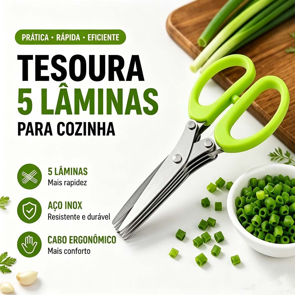 Tesoura De Cozinha 5 Lâminas Inox - Cortador Multiuso De Ervas E Vegetais