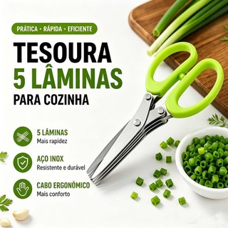 Tesoura De Cozinha 5 Lâminas Inox - Cortador Multiuso De Ervas E Vegetais