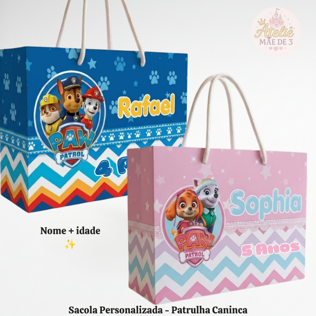 Sacolinhas Personalizadas Patrulha Canina - menina e menino Lembrancinha Festa Aniversário KITS