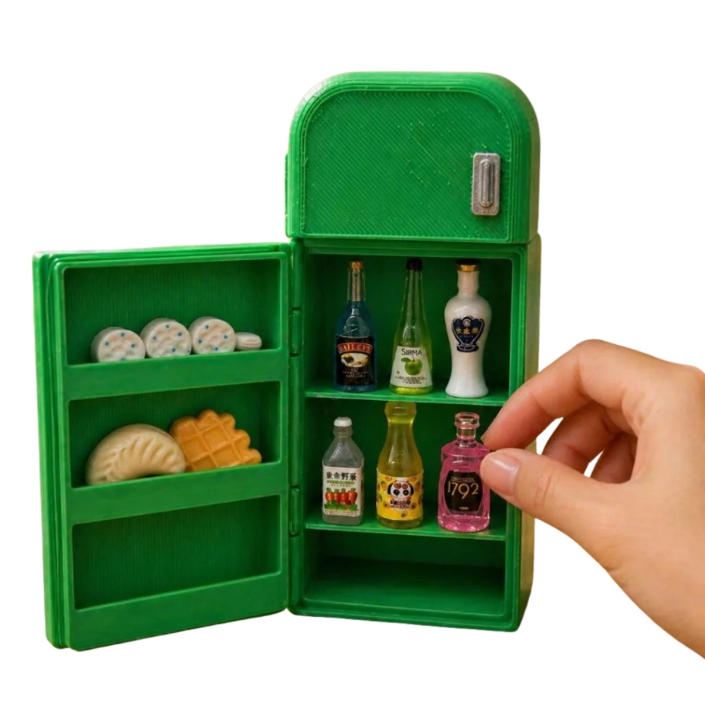 Mini Geladeira 3D Retrô Compacta Portátil Decorativa Com 6 Miniaturas De Comidas Realistas