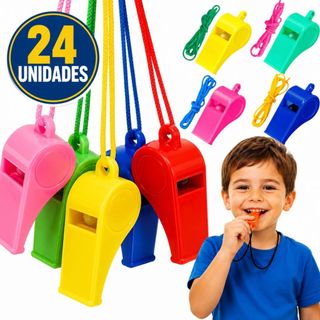 Kit 24 Apito juiz Brinquedo Infantil P/ Lembrancinha Aniversario Prenda Colorido Com Cordinha Incluso