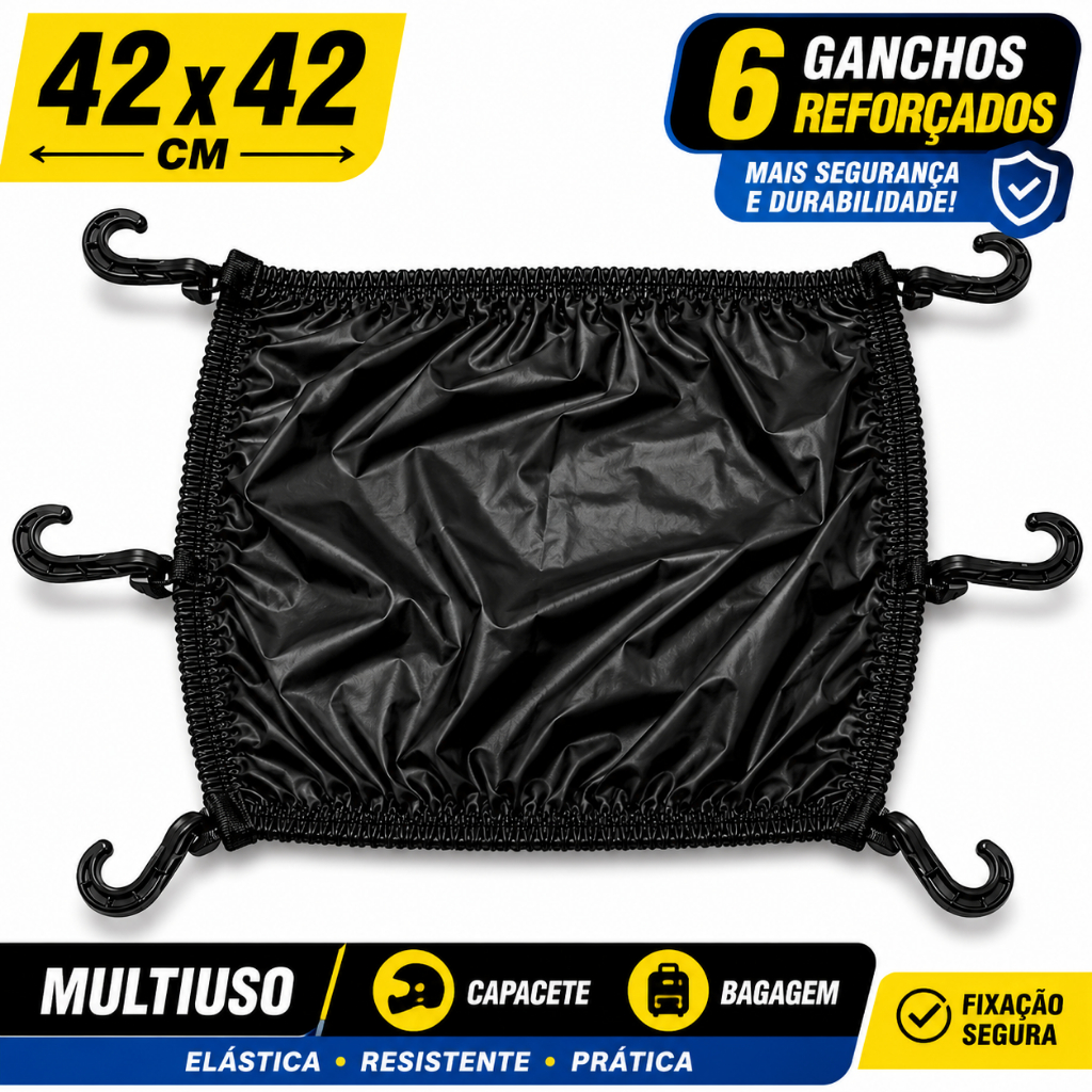 Rede Elástica Fechada 42x42 Para Capacete Moto Aranha 6 Ganchos Multiuso
