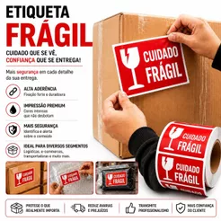 Etiqueta Frágil Adesiva 10x5cm Rolo 250 Un Cuidado Transporte Embalagem Caixa Mudança