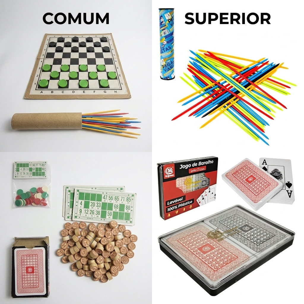 Kit 4 Jogos de Mesa Dama Trilha Bingo Pega Varetas e Baralho Família