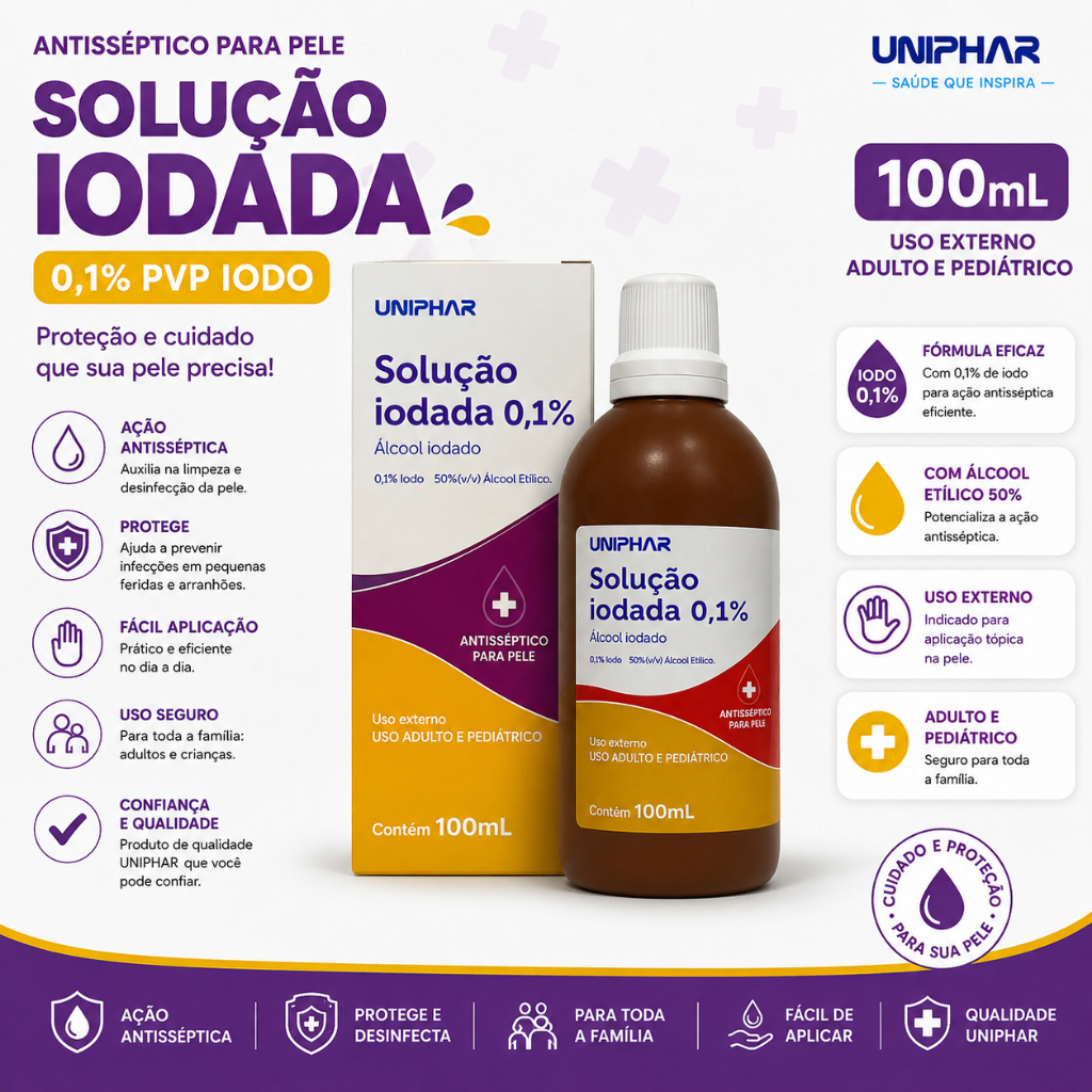 Solução Iodada 0,1% 100ml Uniphar Antisséptico Para Pele Uso Externo