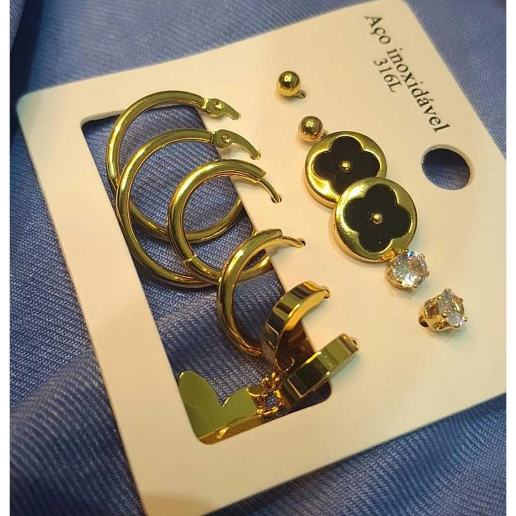 Conjunto com 6 Pares de Brincos Femininos Dourados Aço Inoxidável Antialérgico Luxo