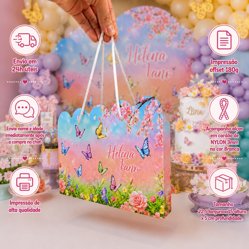 Kit 10/15 Sacolinhas Personalizadas Jardim das Borboletas Rosa | Lembrancinha Festa Infantil