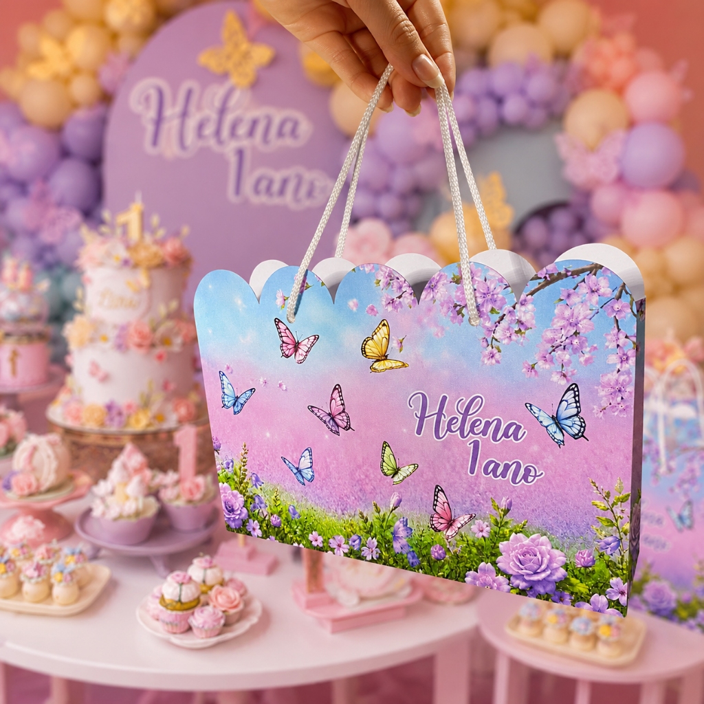 Kit 10/15 Sacolinhas Personalizadas Jardim das Borboletas Lilas | Lembrancinha Festa Infantil