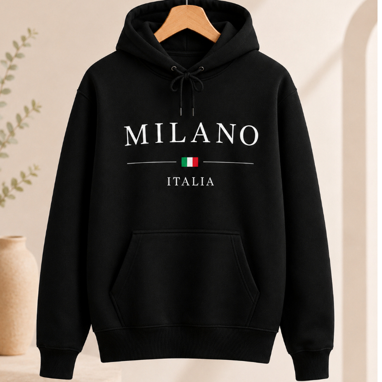 Moletom Canguru Com Capuz Estampado Milano Masculino Blusa de Frio Masculino Gola Redonda Promoção