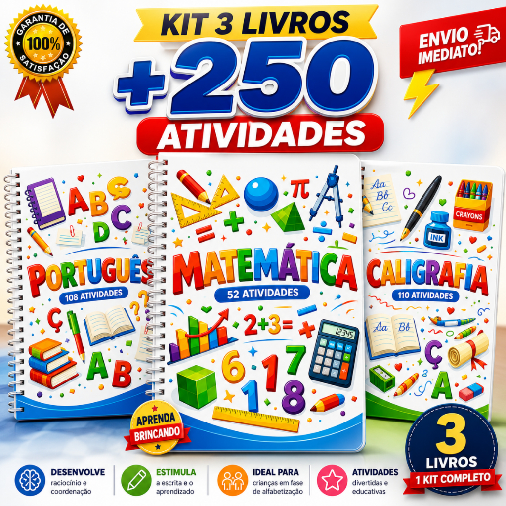 KIT 3 livros alfabetização infantil caderno de caligrafia portugues e matematica