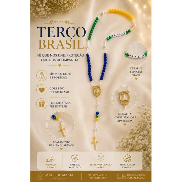 Terço Brasil Nossa Senhora Aparecida Artesanal Católico | Rosário de Pérolas | Presente Religioso