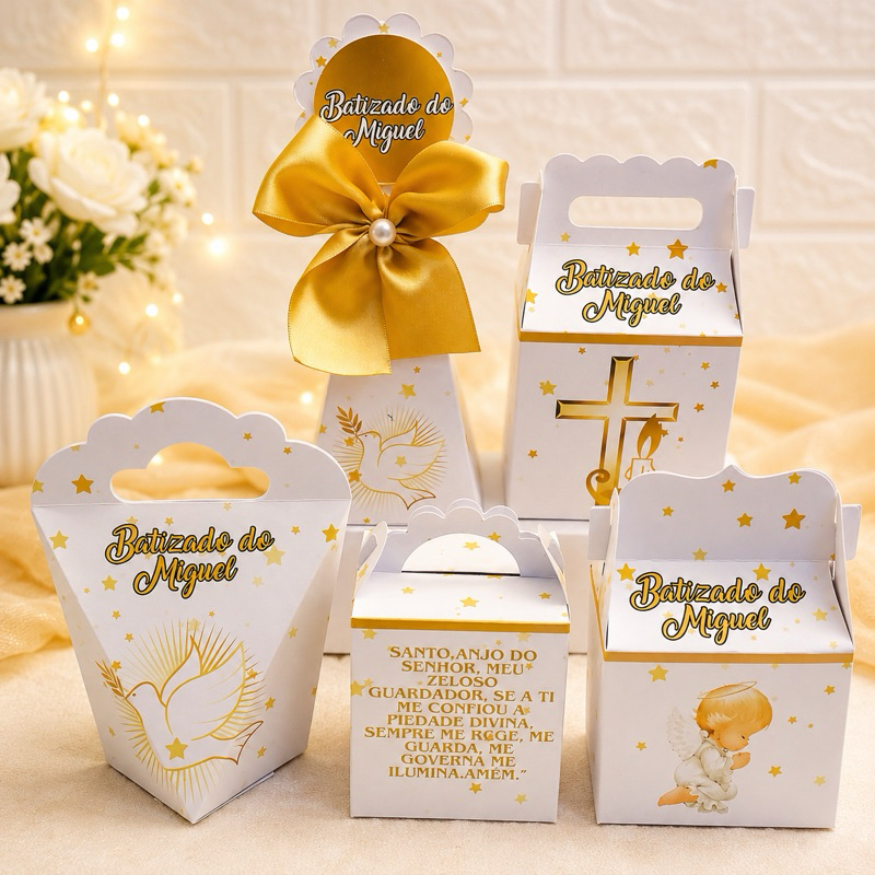 PEGUE E MONTE - Kit Festa Personalizados Batizados Dourado Lembrancinhas Caixinhas para Festa