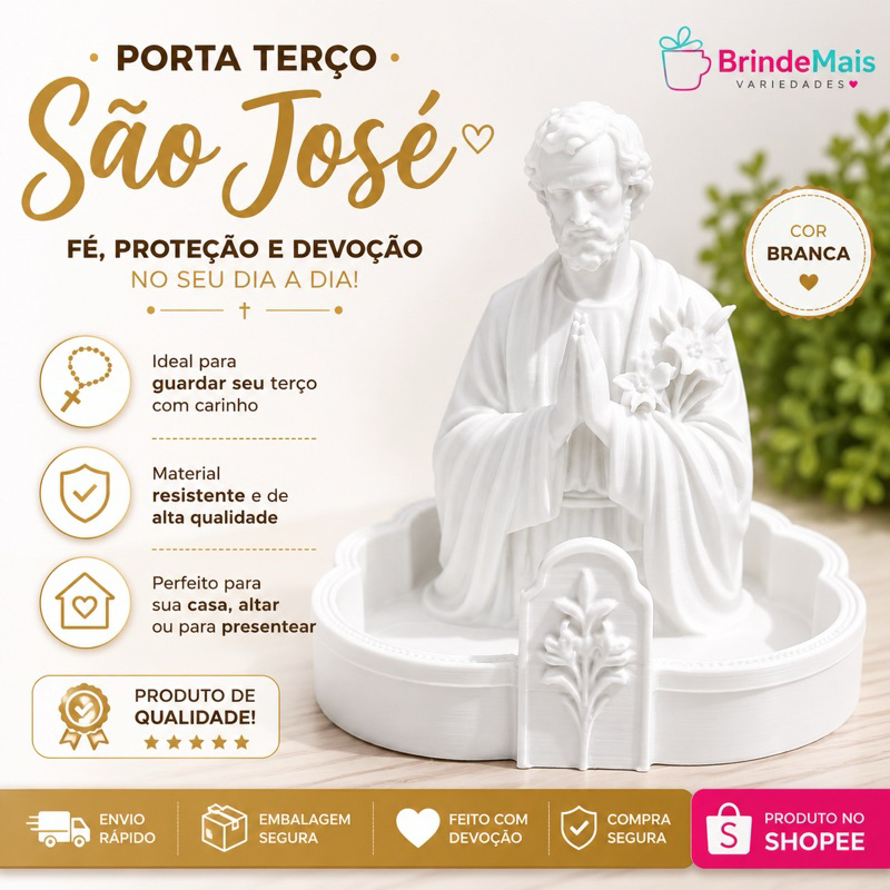 Porta Terço São José Branco impressão 3d | Organizador para Terço | Decoração Religiosa | Presente Católico