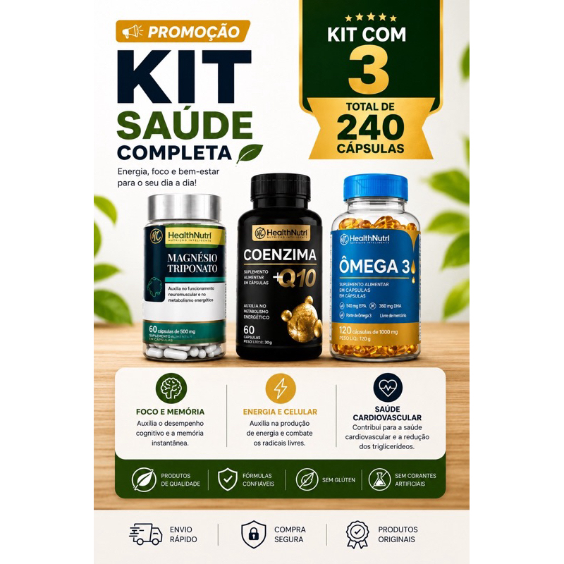 🛒 KIT SAÚDE COMPLETA – 240 CÁPSULAS: Magnésio Treonato, Coenzima Q10 e Ômega 3.