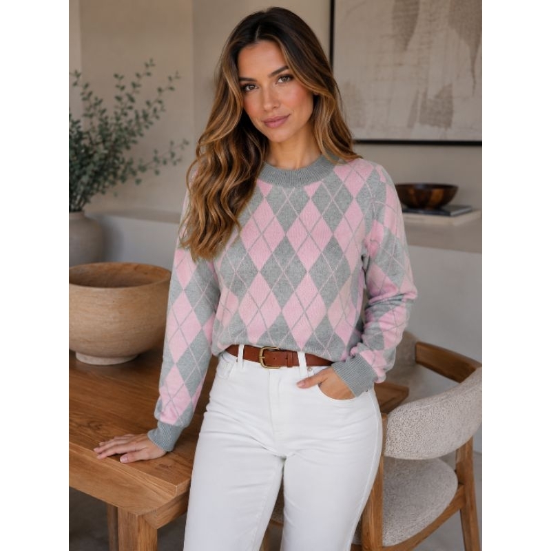 Blusa Escocesa Feminina Tricô Xadrez Manga Longa