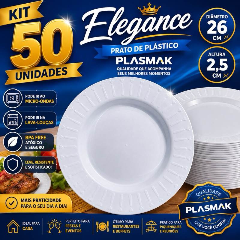 kit 50 prato Elegance fundo Branco Plástico Porções Petisco Bares Festas Lanchonetes casa Churrasco.