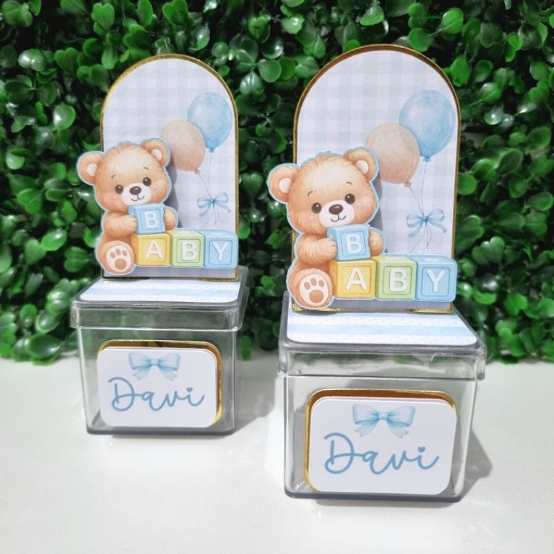 Kit Apliques Para Caixa Acrílica Ursinho Baby Azul - Personalizados Chá de Bebê Revelação Menino - Festa Infantil