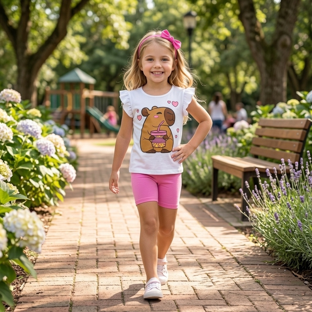 Conjunto Infantil Menina Blusa + Bermuda Ciclista em cotton Verão