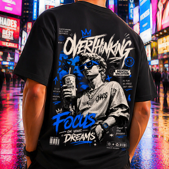 Camiseta Streetwear Overthink Estilo Rua Masculina Feminina Frente Costas Unissex Algodão Casual Estampada Oversized